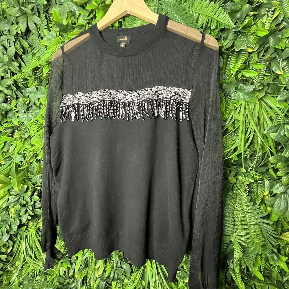 Ontwelfth Tops Women XL Black Sweater Blouse With Sequins Sheer Sleeve‎  0145 - Picture 12 of 13